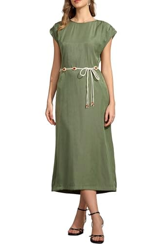 Women's Summer Army Olive Green Casual Cap Sleeve Back Split Shift Elegant Office Rayon Pockets Dress with Decorative Waist Chain Ladies Straight Calf Length Work Business Vocation Holiday Dresses - Image 1