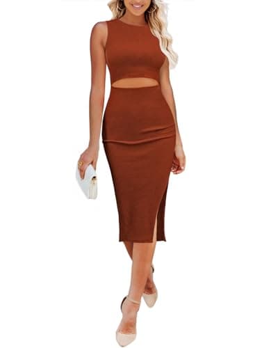 Pink Queen Sexy Dresses for Women Sleeveless Cutout Bodycon Party Ribbed Knee Length Knit Midi Dress Brown XS - Image 1