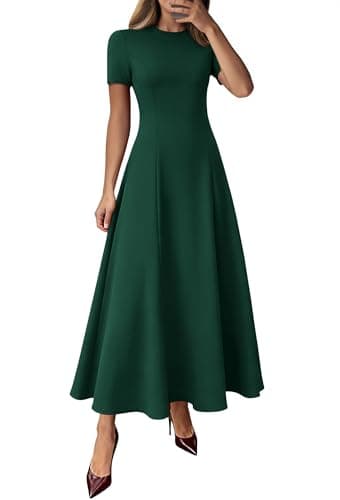 KIRUNDO Wedding Guest Dresses for Women 2026 Spring Summer Short Sleeve Pleated Long Flowy A Line Formal Maxi Dress Pockets(Dark Green, Medium) - Image 1