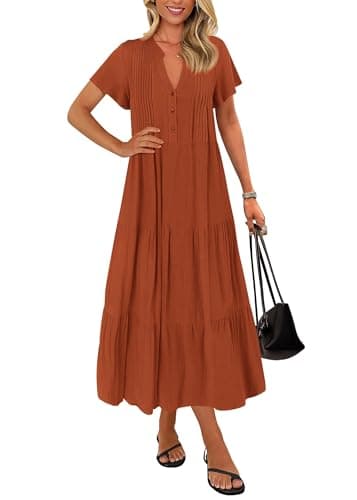 KIRUNDO Summer Maxi Dresses for Women 2026 Spring Fashion Short Sleeve Button V Neck Pleated Loose Tiered Swing Flowy Dress(Rust Red, XX-Large) - Image 1