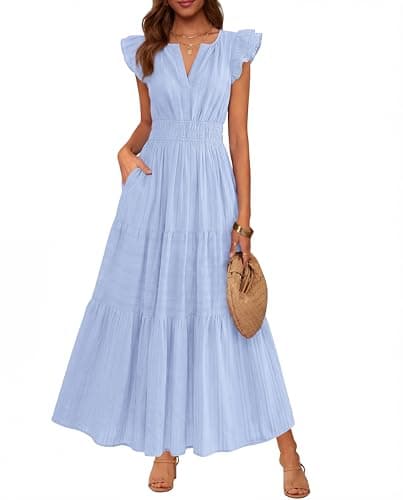 BTFBM Womens Summer Maxi Dress 2026 Spring Boho Vacation Ruffle Flutter Short Sleeve A Line Tiered Flowy Dresses Pockets(Light Blue, Small) - Image 1