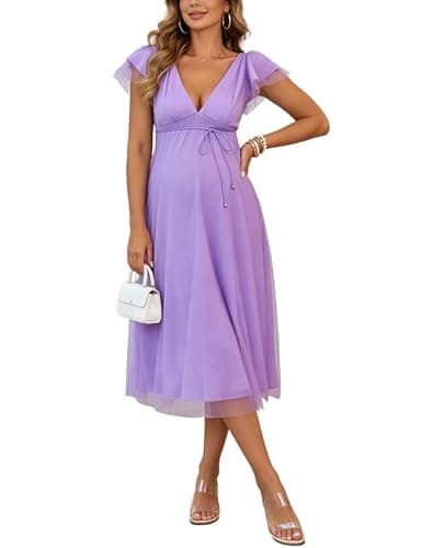 Yissang V-Neck Flutter Sleeve Maternity Midi Dress Backless Tie Waist Tulle Dress for Baby Shower Photoshoot Wedding Guest Purple