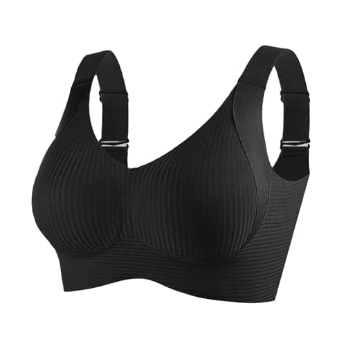 Bras for Women No Underwire Adjustable Bra Comfort Wireless Full Coverage Support Ribbed Push Up Senior Bra 2025 Black L - Image 1