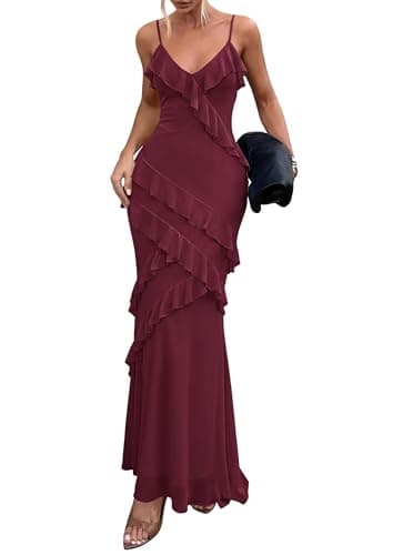 PRETTYGARDEN Women 2026 Wedding Guest Cocktail Maxi Dress Spaghetti Strap Sleeveless V Neck Bodycon Mesh Party Summer Outfits (Burgundy,Medium) - Image 1