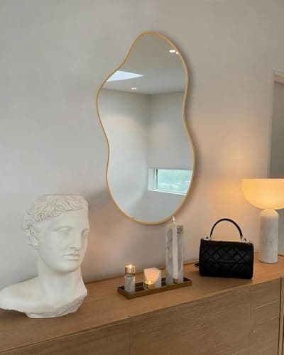 potijo Irregular Wall Mirror 20×36 Inch Wall Mirrors Decorative Gold Modern Asymmetrical Abstract Mirror for Bathroom Bedroom Living Room Entryway Hallway - Image 1