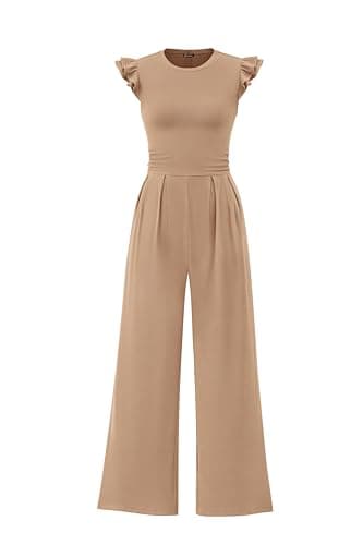 PRETTYGARDEN Summer Jumpsuits for Women Dressy 2026 Fashion Ruffle Cap Sleeve Romper Crew Neck Rib Knit One Piece Outfits (Khaki,Small) - Image 1