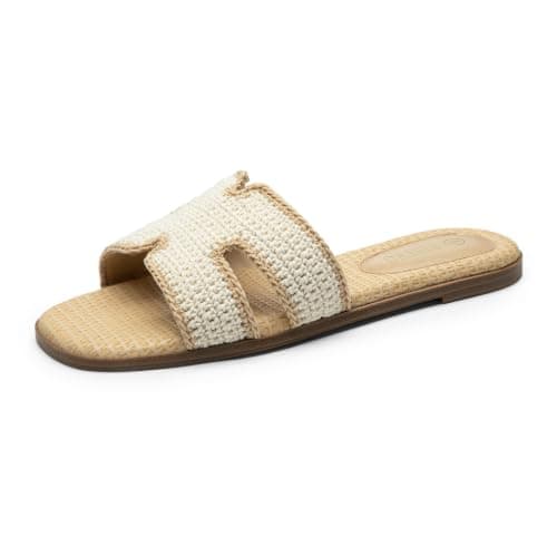 Rihero Slide Sandals Women Comfortable Dressy Casual Slip On Beige Slides Square Open Toe Flat Sandals with Apricot Crochet Upper Size 6 - Image 1