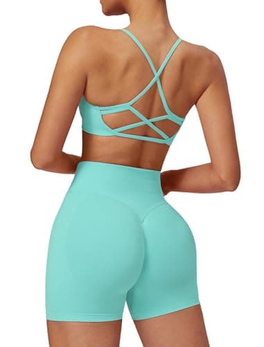 Women Seamless 2 Piece Workout Sets Criss Cross Crop Top Bra High Waist Lifting Shorts Yoga Gym Outfits Mint Green XL - Image 1