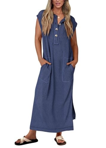 KIRUNDO Womens Summer Dresses 2026 Spring Ribbed Knit Henley Short Sleeve Maxi Dress Button Up Loose Beach Vacation Sundress(Navy, Large) - Image 1