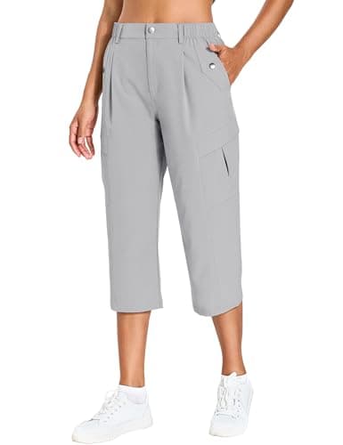 Women's Cargo Capris Lightweight Quick Dry Hiking Pants Water Resistant Summer Travel Pants with 6 Pockets 2026 (Light Grey,L)