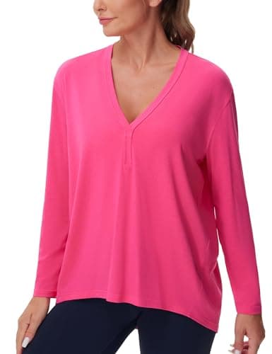 THE GYM PEOPLE Women's Long Sleeve Workout Shirts Loose Fit V-Neck Running T-Shirts Tops Bright Pink - Image 1
