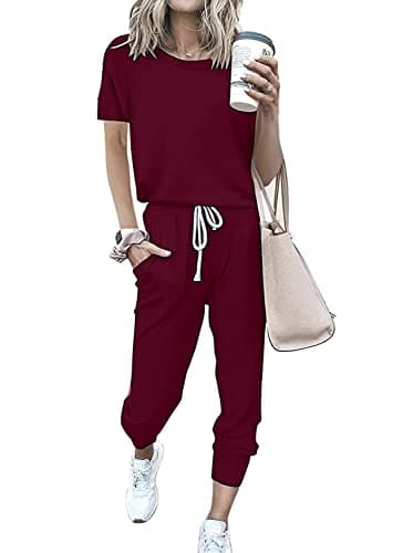 PRETTYGARDEN 2 Piece Outfits for Women 2026 Summer Casual Lounge Jogger Sets Short Sleeve Top and Long Pants with Pockets (Wine Red, Small) - Image 1