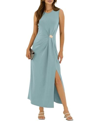 ZAFUL Women's 2026 Summer Ruched Casual A Line Maxi Dress Spring Sleeveless Split Elegant Cocktail Party Long Dresses (Blue Green, Large) - Image 1