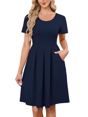 KORSIS Women Dresses Short Sleeve Casual Round Neck A-Line Pleated Tummy Hide Dress Beach Casual Vacation Sundress with Pockets Navy Blue 2XL - Image 1