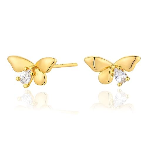 BENEIGE Gold Stud Earrings for Women 14K Gold Plated Dainty Butterfly Stud Earrings Ear Piercing Hypoallergenic Handmade Jewelry for Women - Image 1