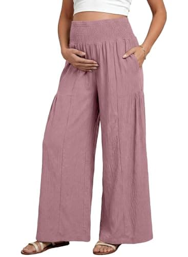 BLENCOT Women's Maternity Pants Summer Casual Boho High Waisted Smocked Wide Leg Palazzo Pants Pregnancy Clothes Rose Pink X-Large - Image 1