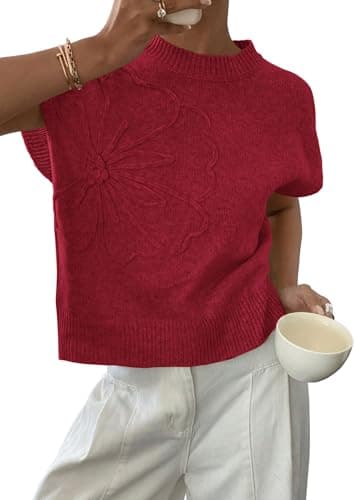 PRETTYGARDEN Women's 2026 Spring Sweater Vest Trendy Flower Knit Short Sleeve Cute Pullover Tank Tops Summer Fashion Clothing (Red,Large) - Image 1