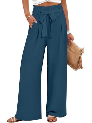 ANRABESS Womens Wide Leg Palazzo Pants Belted High Waisted Business Casual Flowy Long Trousers with Pockets Deep Blue-S - Image 1