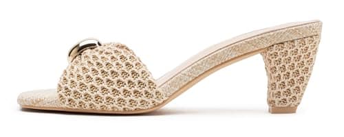 Vepose Women's Nude Heeled Sandals, Woven Raffia Approx 3 Inch Flared Block Chunky Slip on Mules with Ring Charm - Square Open Toe Prom Party Wedding Size 7 (CZR6102 Nude 07) - Image 1