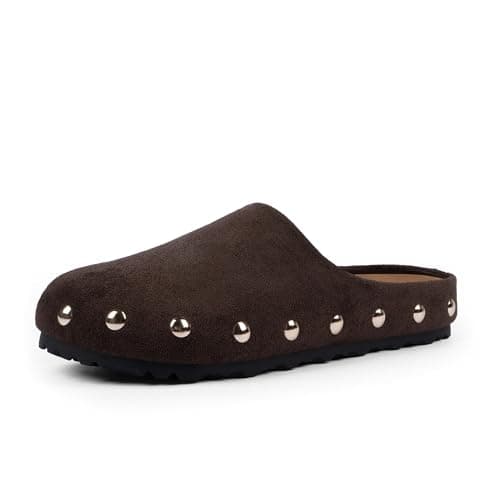 QIY Womens Clogs Slip on Studded Faux Suede Chocolate Mules Comfortable Footbed Mule Dark Brown Potato Shoes for Women Size 8 - Image 1