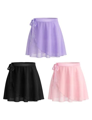 JiAmy 3 Pack Tutu Girls Ballet Wrap Skirt Chiffon Dance Skirt for Toddler Kids Adjustable Tie for Dance Party 7-8 Years - Image 1