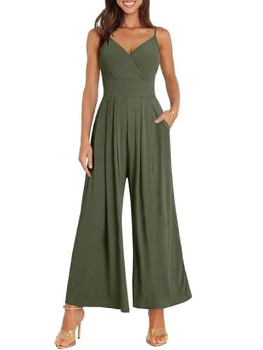 ANRABESS Jumpsuits for Women 2026 Summer Dressy Spaghetti Strap Ribbed V Neck Wide Leg Overalls Flowy Romper Jumpers Outfits Army Green X-Large - Image 1