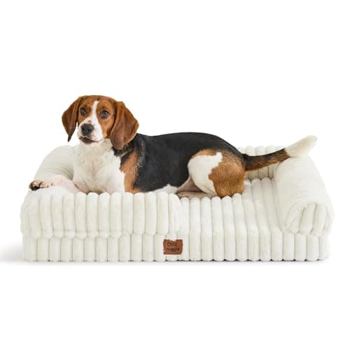 Orthopedic Dog Bed for Large Dogs, Washable Dog Bed with Faux Rabbit Fur Waterproof Cover, High Density Egg Crate Foam Support with 3-Sided Bolsters for Senior Dogs, Non-Skid Bottom,35x28x7, Cream - Image 1
