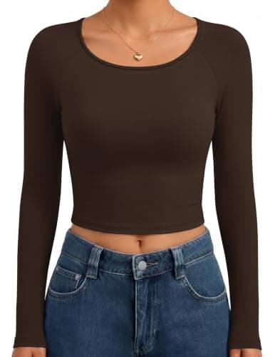 Ekouaer Crop Long Sleeve Tops for Women Thermal Shirts Slim Fit Scoop Neck Casual Outfits Brown XXL - Image 1