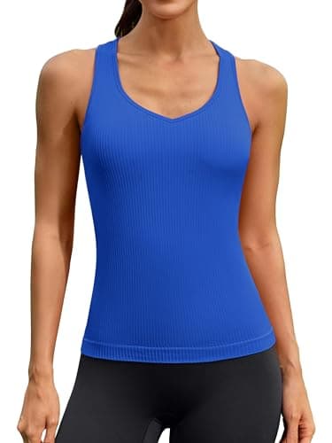 ATTRACO Ribflex Athletic Tops for Women Ribbed Gym Tank with Built-in Bra Tight Fit Royal Blue S - Image 1