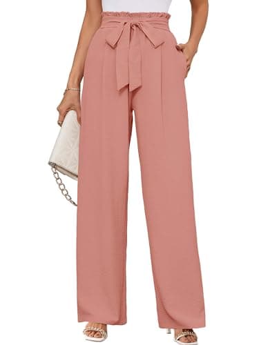 KORSIS Wide Leg Pants womenLightweiht Waisted Adjustable Tie Knot Loose Comfy Casual Trousers with Pockets Pink M - Image 1