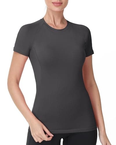Roadbox Women's Compression Shirts, Short Sleeve Workout Tops Athletic Gym T-Shirt Yoga Running Quick Dry Base Layer Dark Gray - Image 1