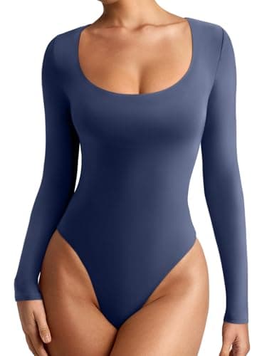 REORIA Womens Fall Outfits Basic Scoop Neck Long Sleeve Leotards Fashion Sexy Double Lined Layering Slim Body Suit Tops Plus Size Starry Blue X-Large - Image 1