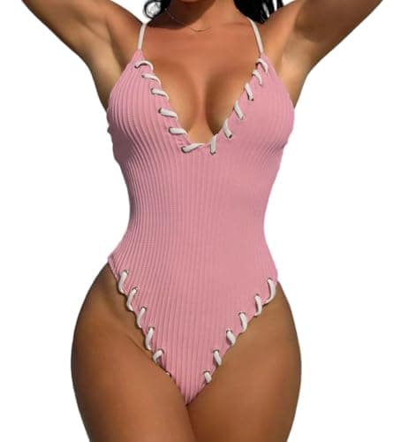 WODECASA Ribbed Sexy One Piece Swimsuits for Women V Neck High Cut High Leg Criss Cross Tie Back Cheeky Bathing Suit - Image 1