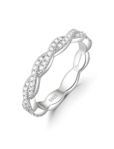 SILVERNANA Moissanite Wave Twisted Wedding Band for Women, White Gold Plated Sterling Silver Twisted Vine Pave Stackable Eternity Ring Size 8