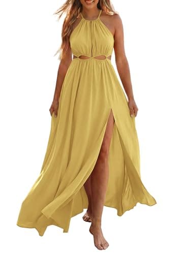 BTFBM Women Halter Summer Dresses 2026 Sleeveless Cutout Backless Sundress Slit Boho Maxi Beach Wedding Guest Dress(Yellow, X-Large) - Image 1