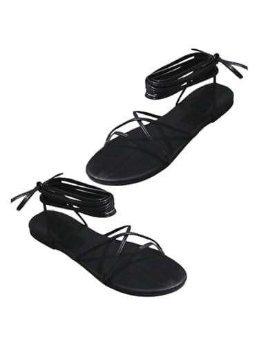 GORGLITTER Women's Lace Up Strappy Flat Sandals Wrap Tie Up Summer Gladiator Slides Shoes Black 7.5 - Image 1