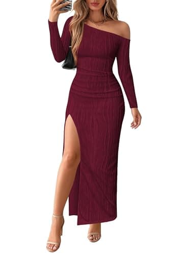 Lazysmile Womens Long Sleeve Maxi Dresses Off Shoulder Bodycon Cocktail Formal Wedding Guest Slit Long Dress Fall Outfits Wine Red - Image 1