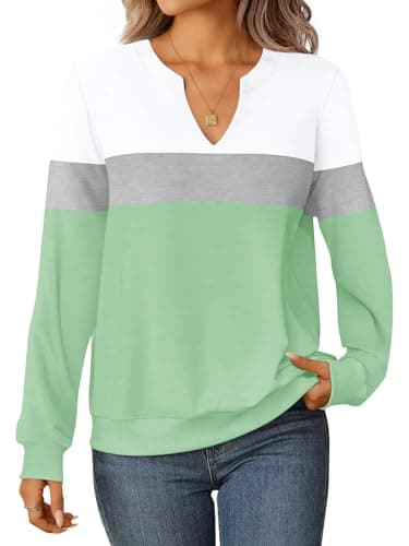GKBK Womens Sweatshirts Long Sleeve Fall Tops Lightweight Color Block V Neck Cute Loose Casual Pullover - Image 1