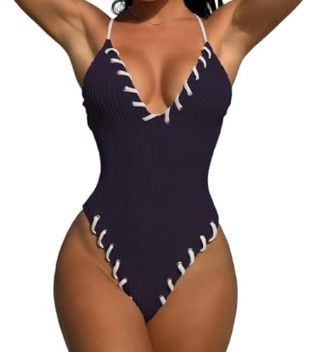 WODECASA Women's V Neck High Cut One Piece Swimsuit Ribbed Criss Cross Tie Back Bathing Suit Monokini - Image 1