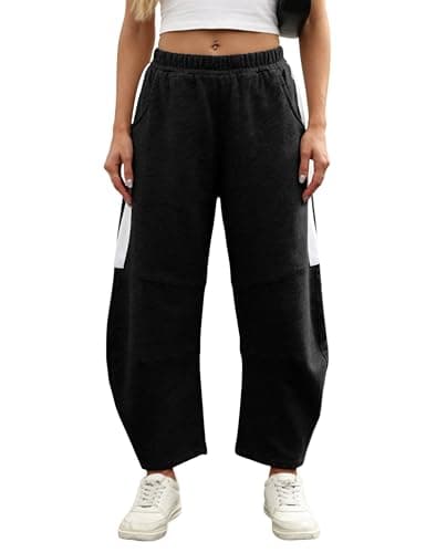 UANEO Women's Barrel Leg Pant Wide Leg Elastic Waisted Track Pants Trousers Casual Palazzo Striped Sweatpants with Pockets (Black-S) - Image 1
