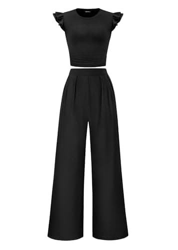 KIRUNDO Two Piece Sets For Women Dressy 2026 Summer Cap Sleeve Cute Tops Wide Leg Pants Spring Matching Set Vacation Outfits(Black, XX-Large) - Image 1