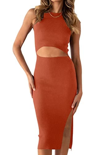 PRETTYGARDEN Women's Summer Midi Bodycon Dresses Casual Crew Neck Side Slit Sleeveless Knit Cut Out Tank Top Dress (Brick Red,Medium) - Image 1
