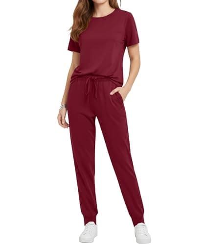 YSYOKOW Two Piece Sets for Women Summer Matching Lounge Set Short Sleeve Top Jogger Pants with Pockets Casual Outfits - Wine Red, XX-Large - Image 1