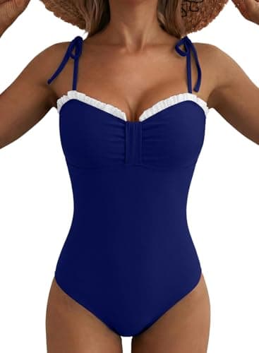 Herseas Women One Piece Swimsuit High Cut Adjustable Tie Shoulders Stretchy Push Up Tummy Control Bathing Suit Romantic Beach Gingham Retro Navy Blue X-Large - Image 1
