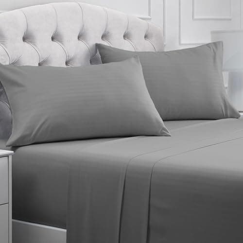 Mellanni Queen Sheets Set - 4 PC Iconic Collection Bedding - Hotel Luxury, Extra Soft, Cooling Bed Sheets - Wrinkle, Fade, Stain Resistant (Queen, Striped Gray/Silver) - Image 1