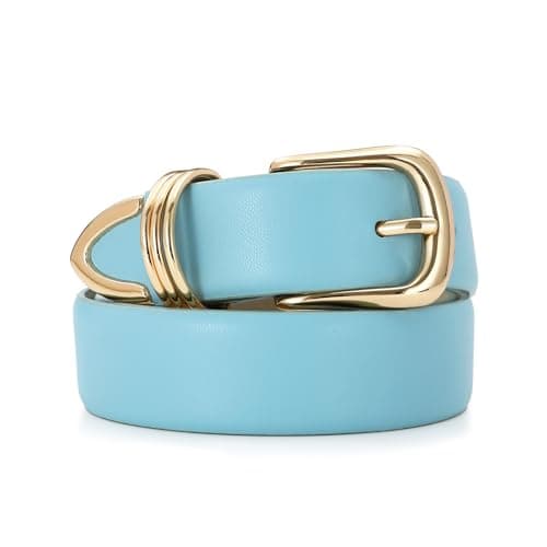 RISANTRY Women's Blue Belts with Gold Buckle Elegant Leather Waist Belt Ladies Belts for Jeans Dress & Casual Wear - Image 1