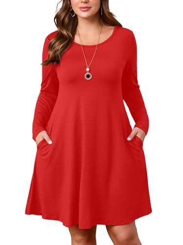 AusLook Women's Plus Midi Dress Long Sleeve Crew Neck A-Line Casual Swing Flowy Floral Vacation Boho Fall Maternity Wedding Guest Work Red 4X 2025 Dresses - Image 1