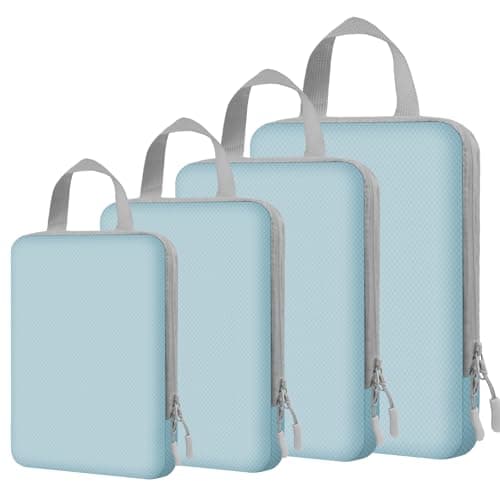 NBERMOTION 4 Set Expandable Compression Packing Cubes for 3–7 Day Travel, Solid & Plaid Fabric Travel Organizers, Double-Zipper Storage Bags for Carry-On & Suitcases(4set-Mint Green) - Image 1