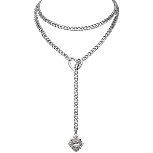 EverGlimp Women's Heart O-Ring Slip Chain Necklace, Double Layered Adjustable 39'' Cuban Chain with Detachable Heart Clasp and Colorful Rhinestone Pendant (Silver-Snow Crystal White) - Image 1