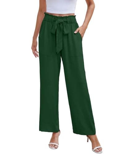 NILOUFO Casual Pants for Women Summer Lightweight Wide Leg Pants High Waisted Elastic Waist Tie Knot Trousers with Pockets(Green, XX-Large) - Image 1